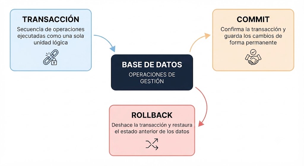 Diagrama: definiciones de transacción, commit y rollback
