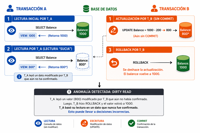 Diagrama: lectura sucia — T2 lee un cambio no confirmado de T1