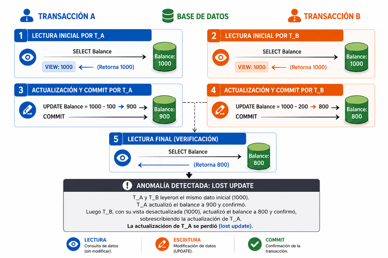 Diagrama: actualización perdida — dos transacciones sobrescriben la escritura de la otra