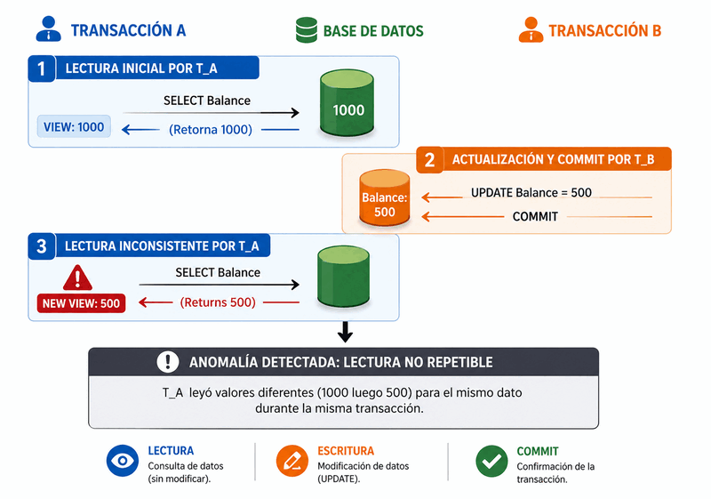 Diagrama: lectura no repetible — el valor de una fila cambia entre dos lecturas