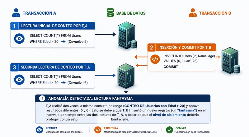 Diagrama: lectura fantasma — aparece una fila nueva que cumple la condición